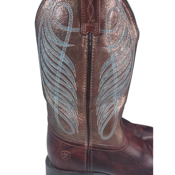 Ariat Women's Round Up Wide Square Toe Western Boot Sz 7.5 B Brown Leather Blue - Picture 2 of 8